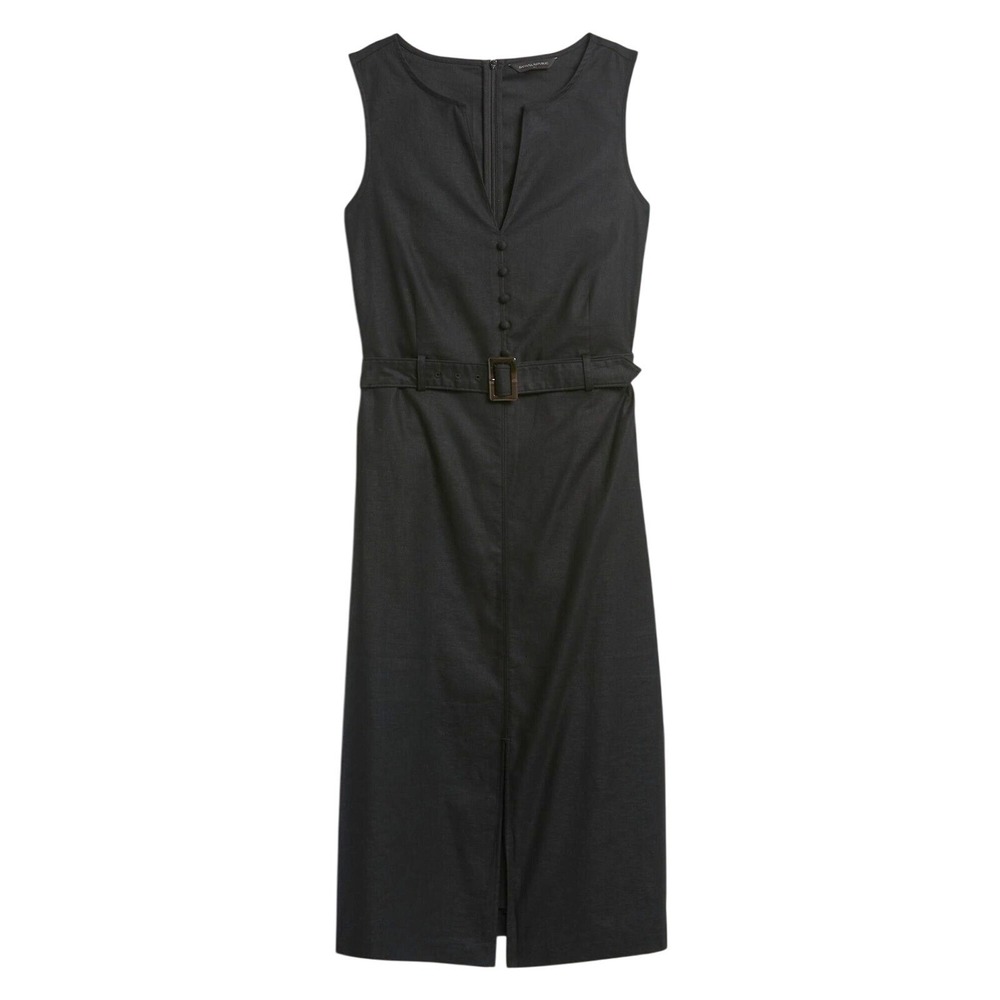 Banana‎ Republic Linen-Cotton Midi Shift Dress Belted Black Sz 8 Minimal Capsule